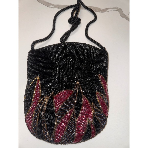 Majay Beaded Evening Bag Purse Black Red Gold Abstract Party Cocktail Vintage - Picture 2 of 6